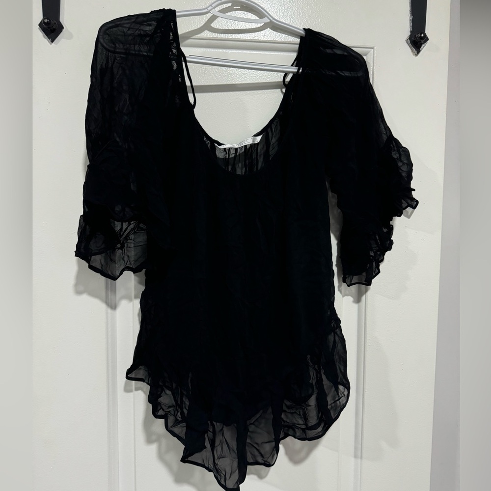 Zara Trafaluc Black Sheer Ruffle Hem Peasant Blouse Women’s Boho Top